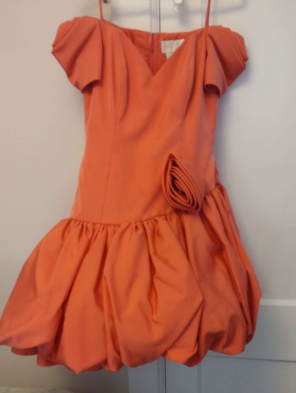Cache Coral Bubble Hem Party Dress with Rosette Accent
